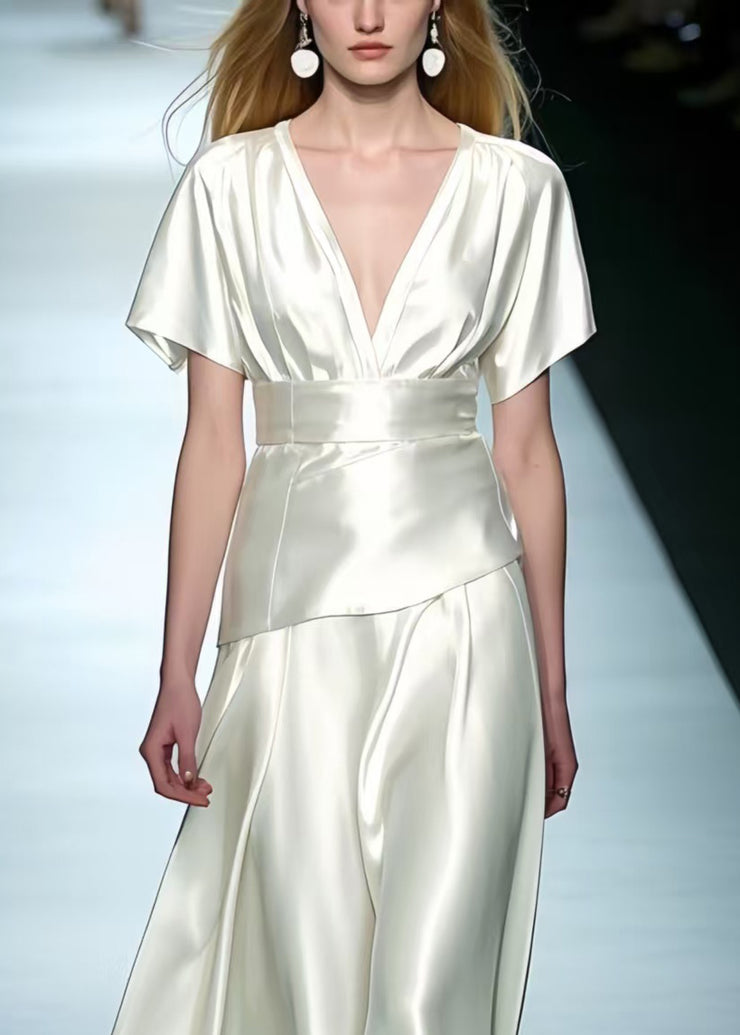 Simple Milk White Exra Large Hem Draping Silk Party Dress Summer