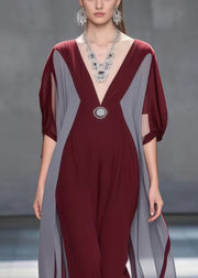 Simple Mulberry V Neck Patchwork Chiffon Holiday Dress Summer
