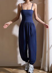 Simple Navy Blue Slash Neck One Piece Workout Suit