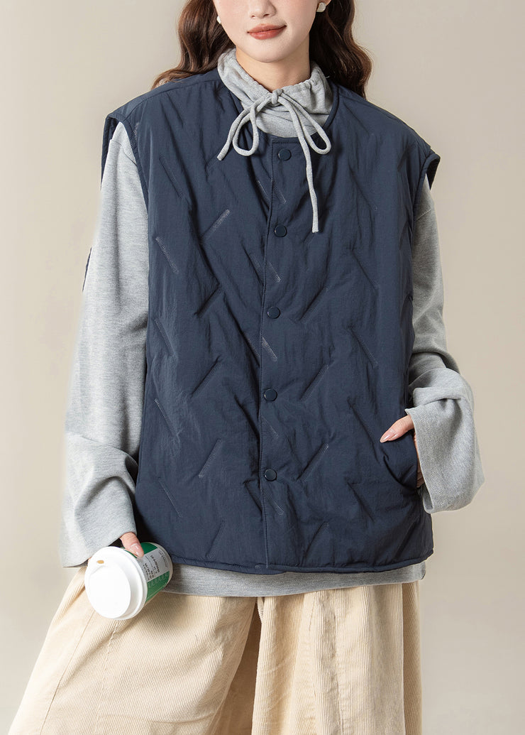 Simple Navy Button Pockets Cotton Filled Waistcoat Sleeveless