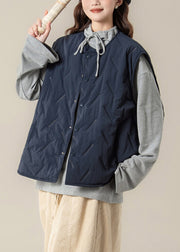 Simple Navy Button Pockets Cotton Filled Waistcoat Sleeveless