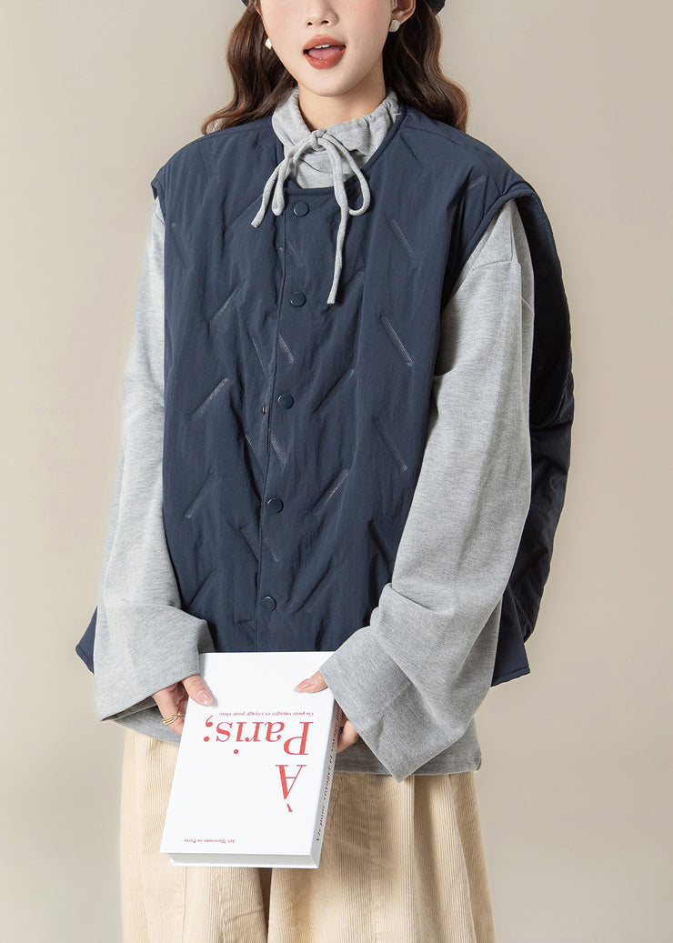 Simple Navy Button Pockets Cotton Filled Waistcoat Sleeveless