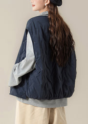 Simple Navy Button Pockets Cotton Filled Waistcoat Sleeveless