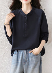 Simple Navy Button Solid Cotton Sweatshirts Fall