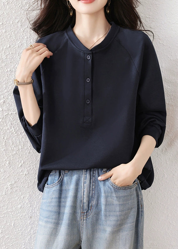 Simple Navy Button Solid Cotton Sweatshirts Fall