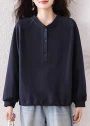 Simple Navy Button Solid Cotton Sweatshirts Fall