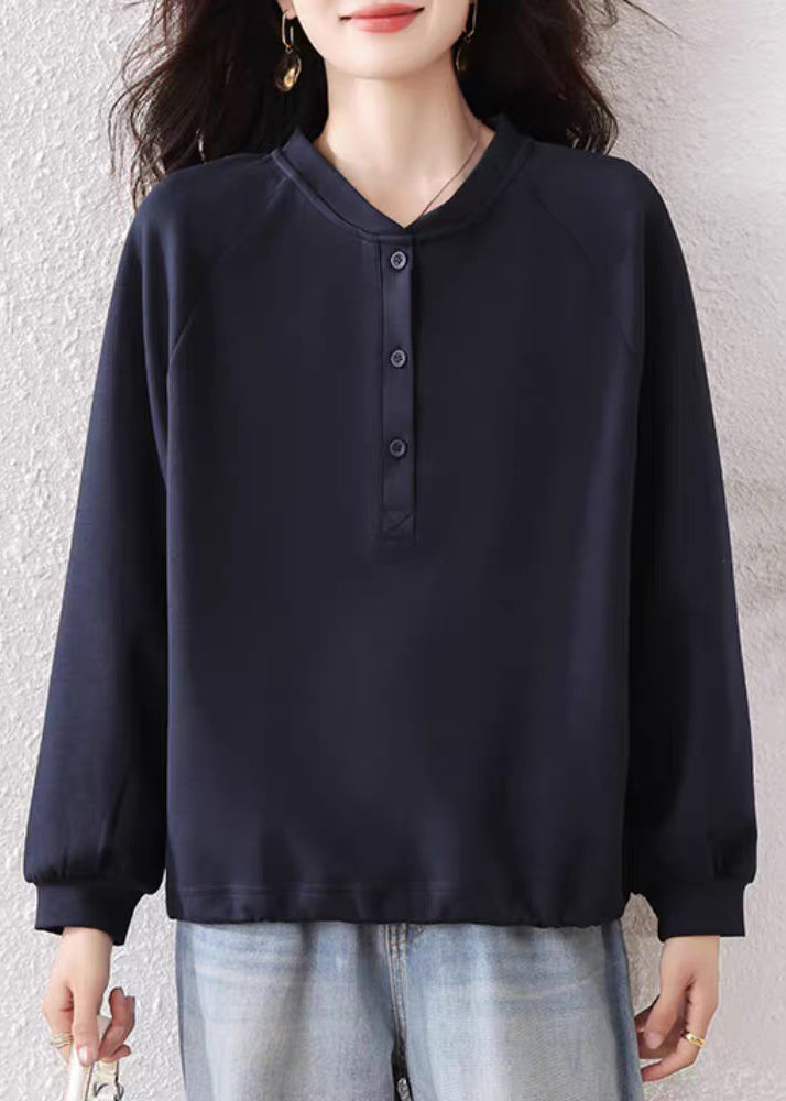 Simple Navy Button Solid Cotton Sweatshirts Fall
