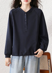 Simple Navy Button Solid Cotton Sweatshirts Fall