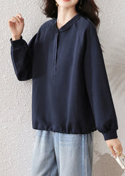Simple Navy Button Solid Cotton Sweatshirts Fall