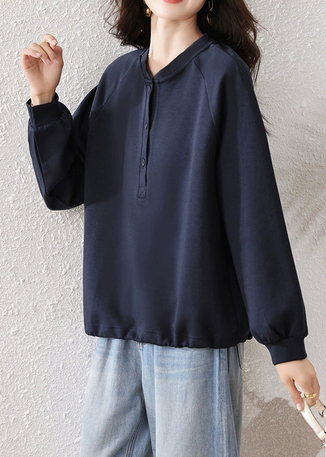 Simple Navy Button Solid Cotton Sweatshirts Fall