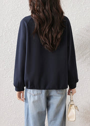 Simple Navy Button Solid Cotton Sweatshirts Fall