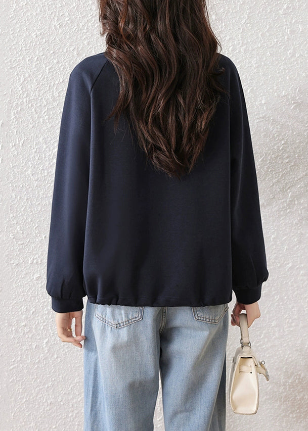 Simple Navy Button Solid Cotton Sweatshirts Fall