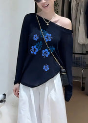 Simple Navy Cold Shoulder Print Cotton T Shirts Fall