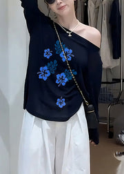 Simple Navy Cold Shoulder Print Cotton T Shirts Fall