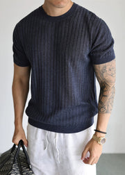 Simple Navy O Neck  Striped Knit Men T Shirts Summer