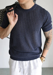 Simple Navy O Neck  Striped Knit Men T Shirts Summer