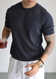 Simple Navy O Neck  Striped Knit Men T Shirts Summer