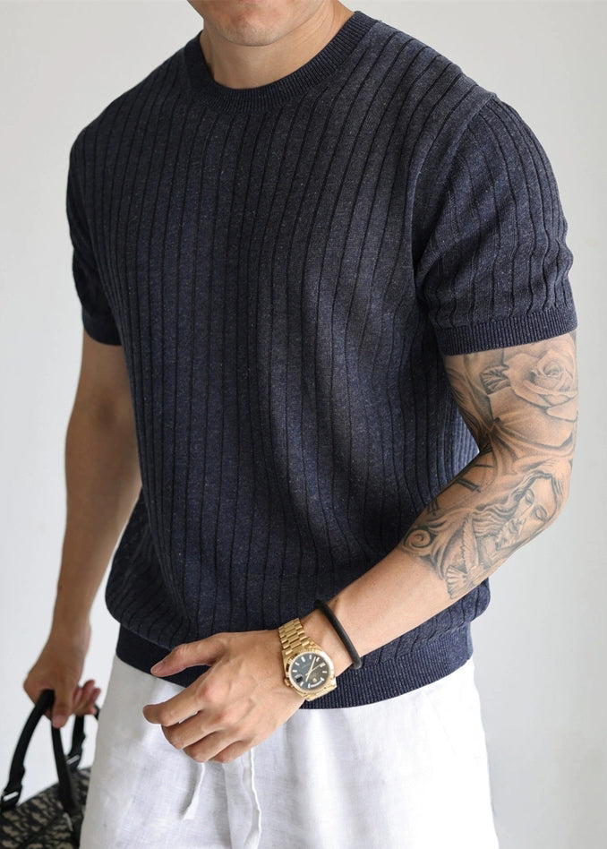 Simple Navy O Neck  Striped Knit Men T Shirts Summer