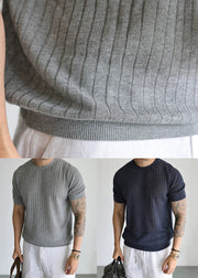 Simple Navy O Neck  Striped Knit Men T Shirts Summer