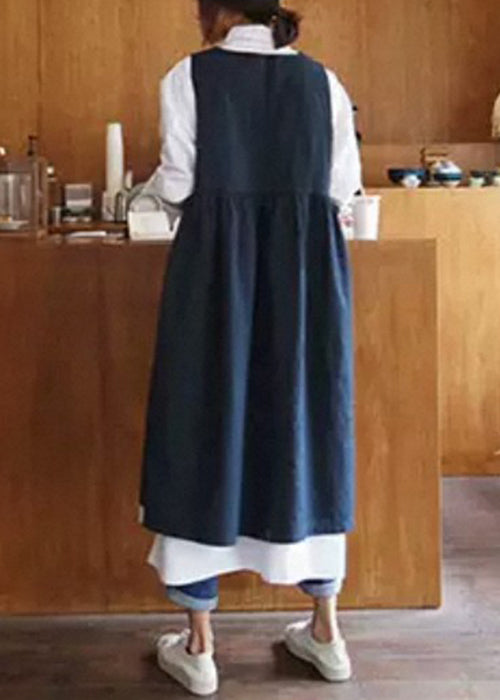 Simple Navy O Neck Lace Up Side Open Cotton Tank Dress Sleeveless