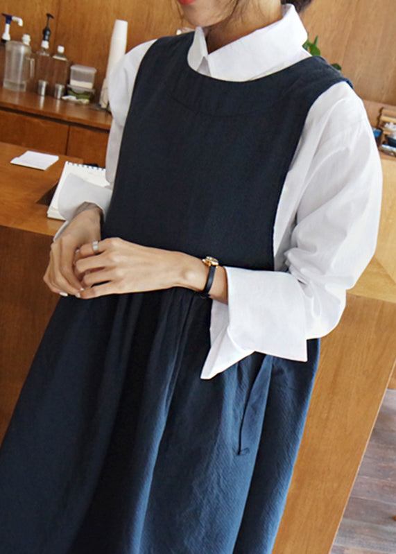 Simple Navy O Neck Lace Up Side Open Cotton Tank Dress Sleeveless