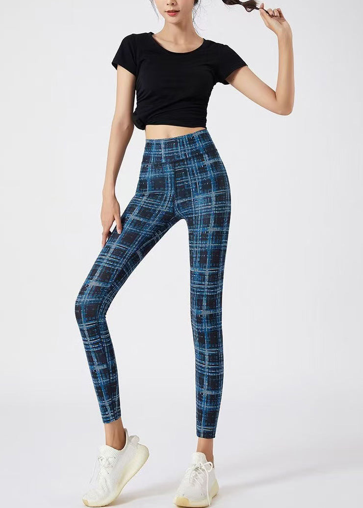 Simple Navy Plaid High Waist Capri Athletic Leggings