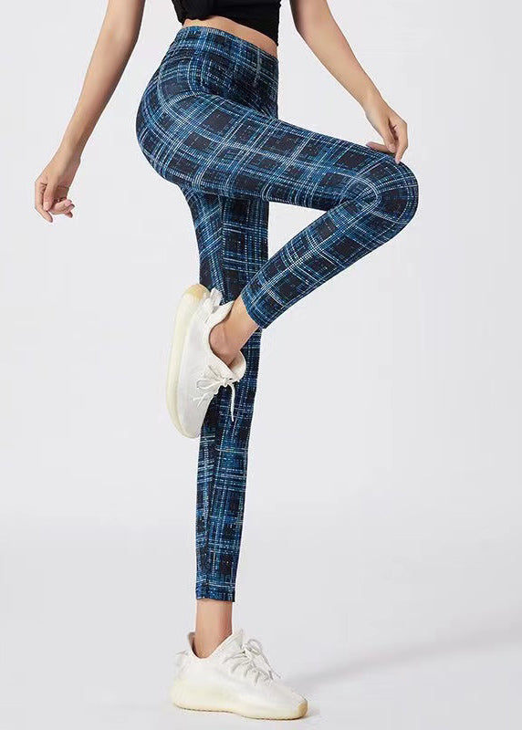 Simple Navy Plaid High Waist Capri Athletic Leggings