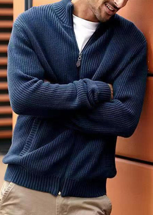 Simple Navy Zip Up Pockets Knit Men Cardigan Spring