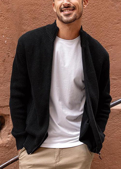Simple Navy Zip Up Pockets Knit Men Cardigan Spring
