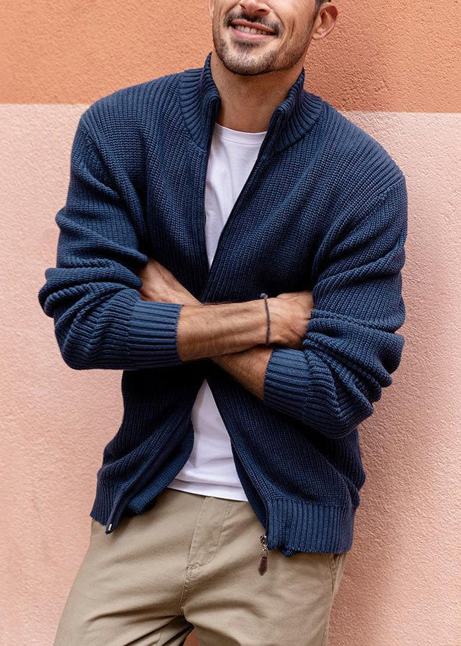 Simple Navy Zip Up Pockets Knit Men Cardigan Spring