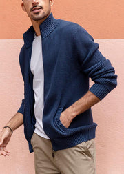 Simple Navy Zip Up Pockets Knit Men Cardigan Spring