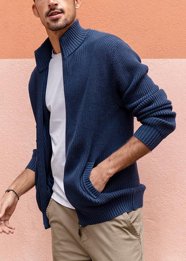 Simple Navy Zip Up Pockets Knit Men Cardigan Spring