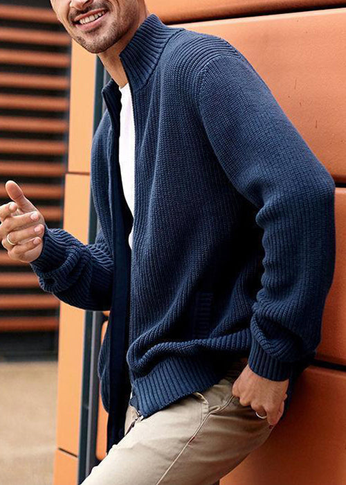 Simple Navy Zip Up Pockets Knit Men Cardigan Spring