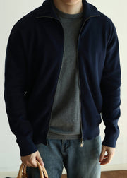Simple Navy Zip Up Pockets Solid Knit Mens Coats