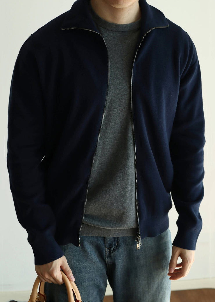 Simple Navy Zip Up Pockets Solid Knit Mens Coats