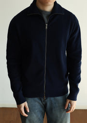 Simple Navy Zip Up Pockets Solid Knit Mens Coats