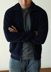 Simple Navy Zip Up Pockets Solid Knit Mens Coats