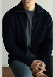 Simple Navy Zip Up Pockets Solid Knit Mens Coats