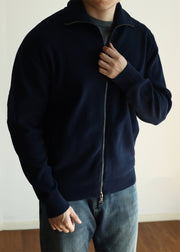 Simple Navy Zip Up Pockets Solid Knit Mens Coats