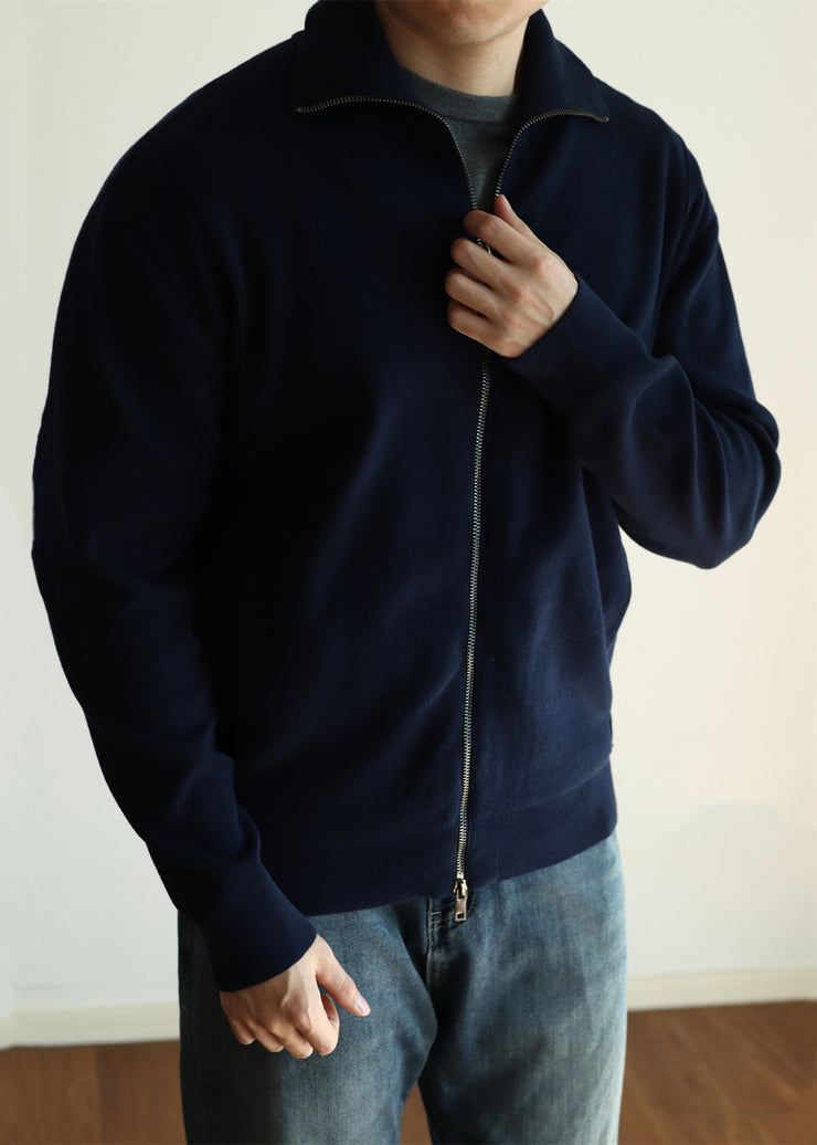 Simple Navy Zip Up Pockets Solid Knit Mens Coats
