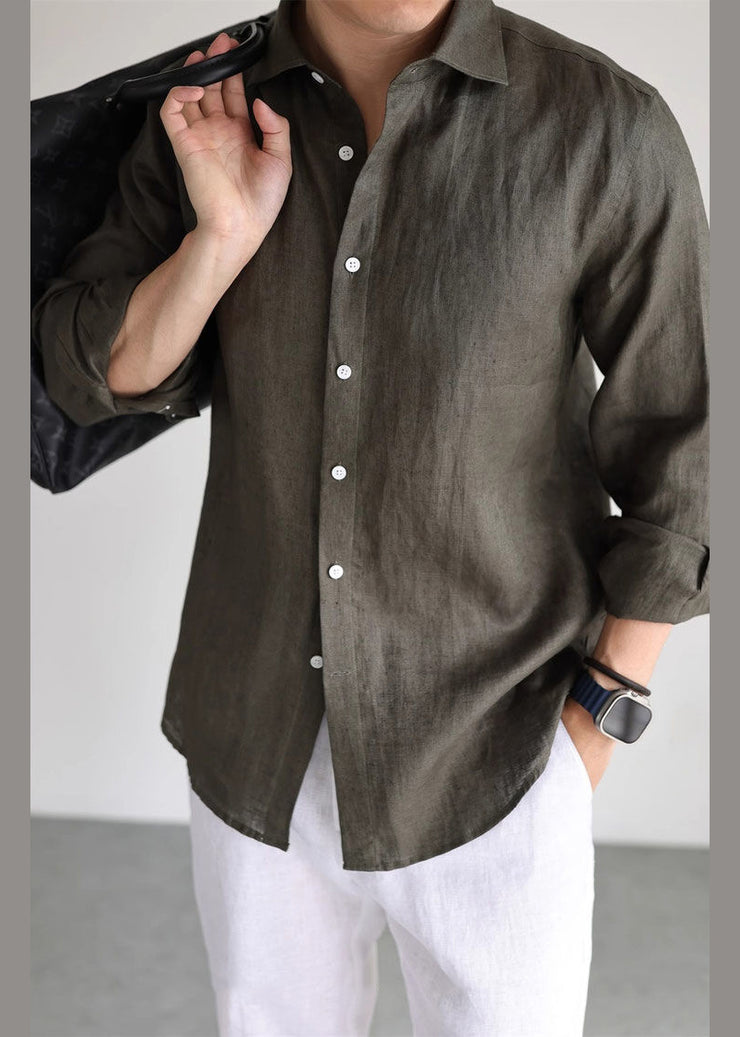 Simple Olive Green Button Solid Linen Men Shirts Long Sleeve