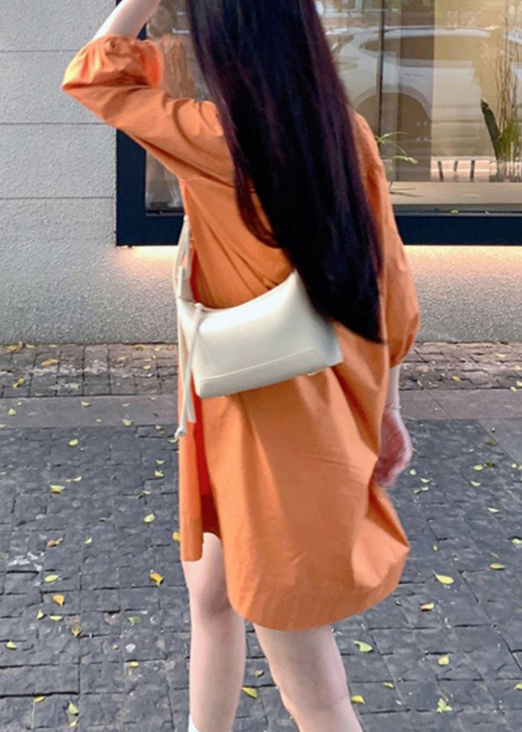 Simple Orange Peter Pan Collar Wrinkled Solid Cotton Shirts Dress Bracelet Sleeve