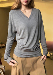 Simple Orange V Neck Solid Cotton T Shirt Fall
