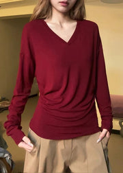 Simple Orange V Neck Solid Cotton T Shirt Fall