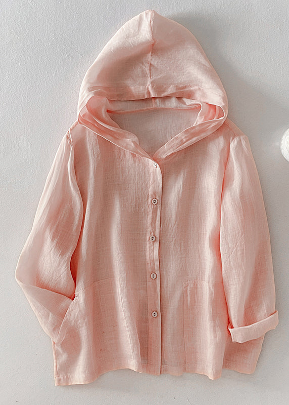 Simple Pink Hooded Button Pockets Cotton Shirt Fall