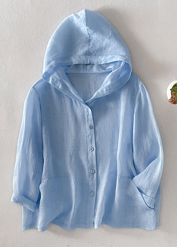 Simple Pink Hooded Button Pockets Cotton Shirt Fall