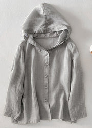 Simple Pink Hooded Button Pockets Cotton Shirt Fall