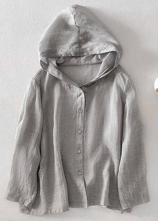 Simple Pink Hooded Button Pockets Cotton Shirt Fall