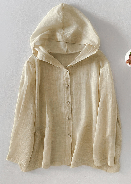 Simple Pink Hooded Button Pockets Cotton Shirt Fall