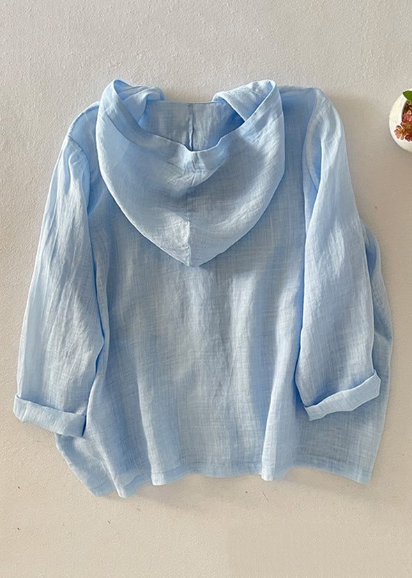 Simple Pink Hooded Button Pockets Cotton Shirt Fall